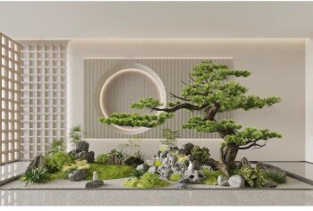 室内造景SU模型现代禅意新中式日式庭院小品别墅天井植物草图大师模型